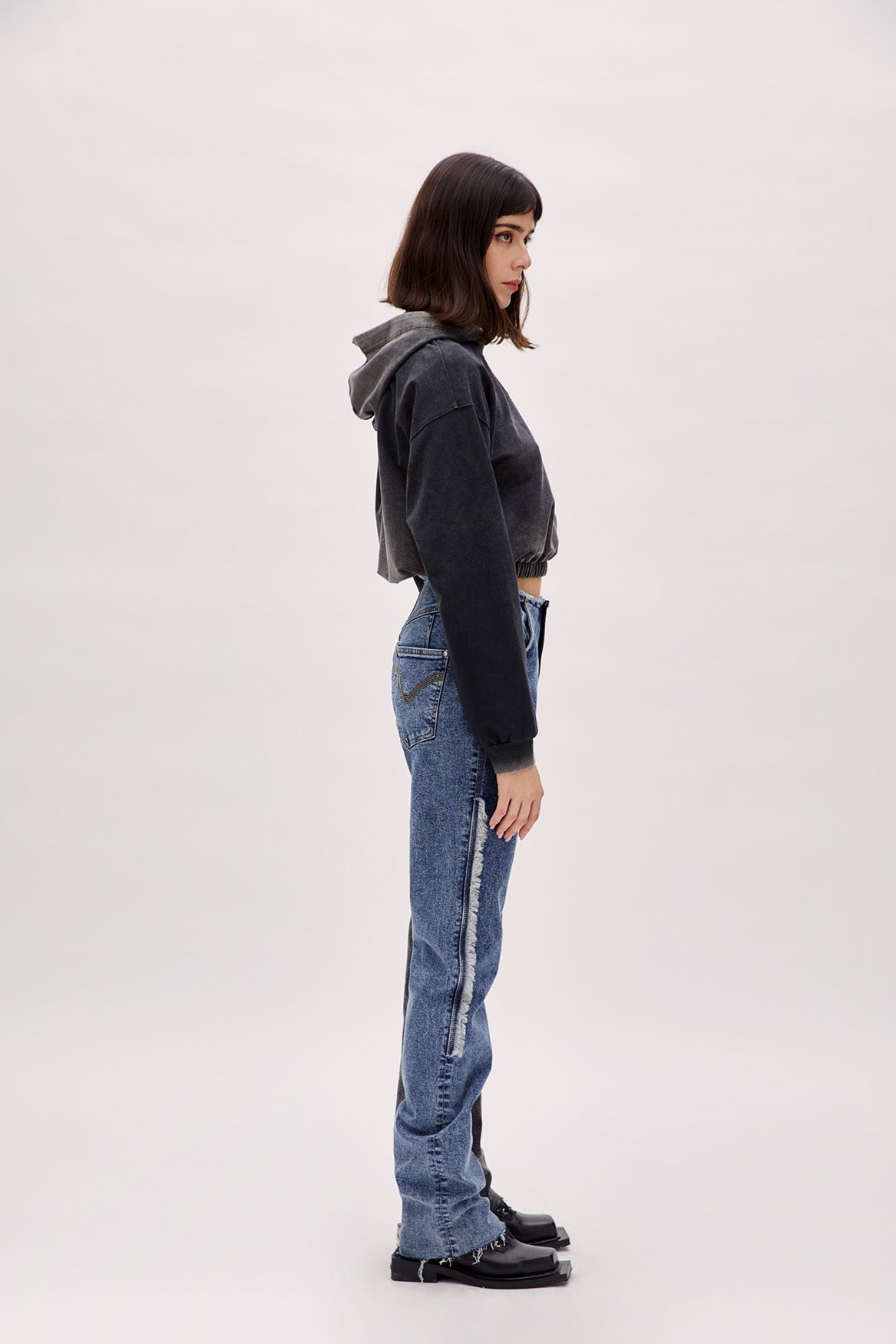 Cotton Acid Washed Crop Hoodie - Black